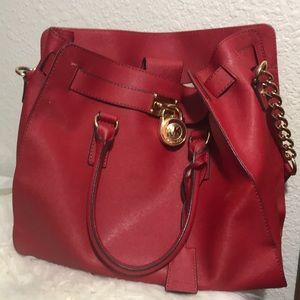 Michael Kors Red Leather Tote with Gold Chain Accent